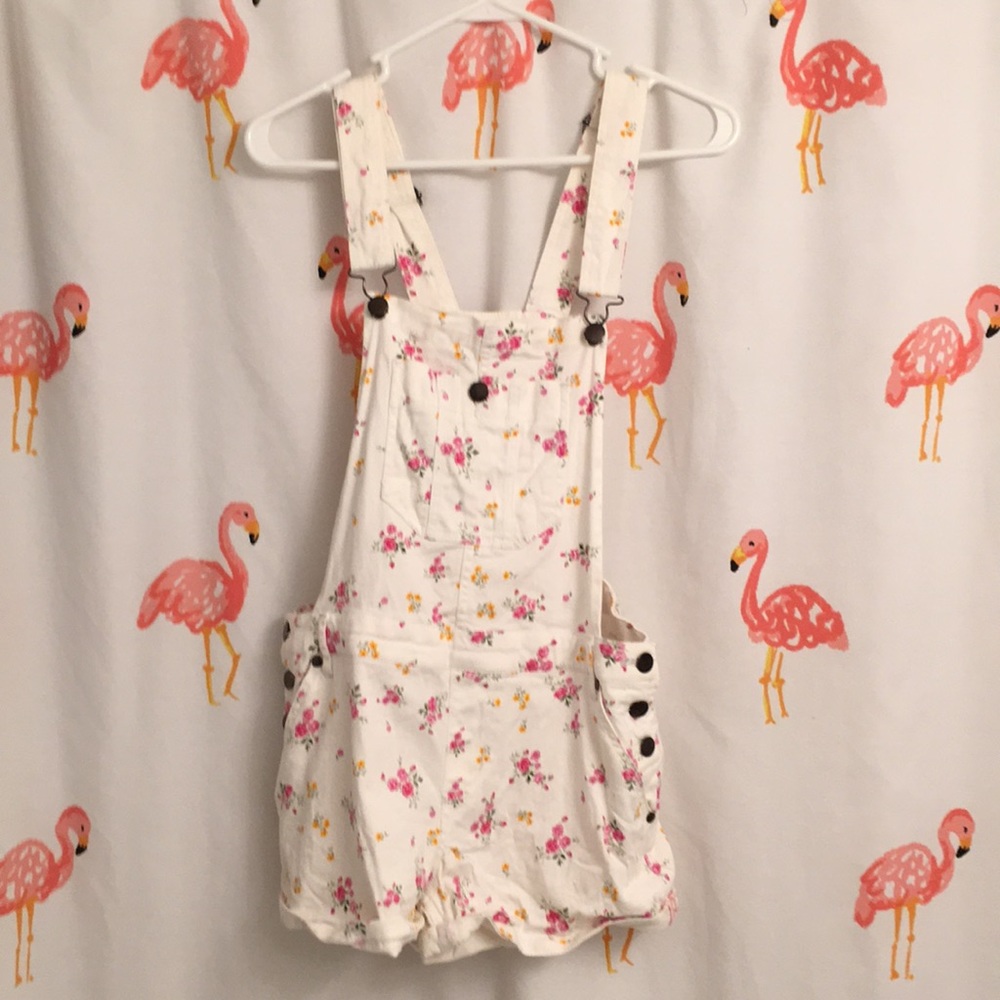 Forever 21 White Floral Short Overalls